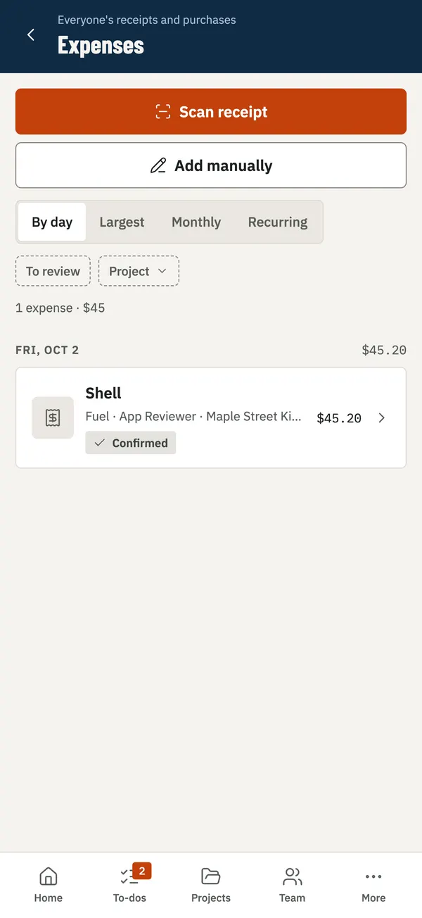 RelioHub field app expenses list with a scan receipt button and a confirmed fuel expense