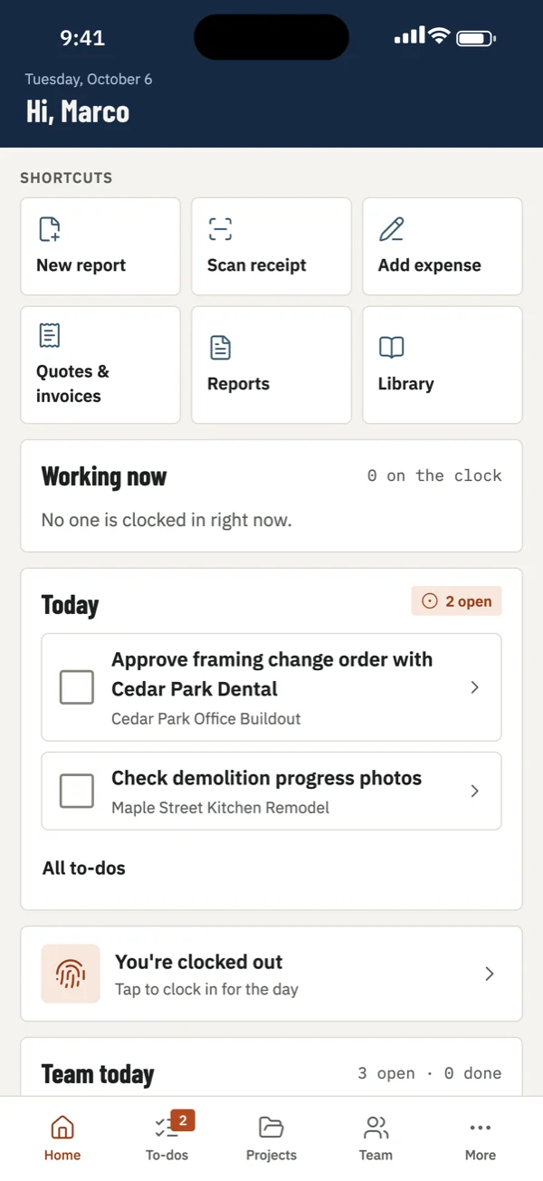 RelioHub field app home screen with shortcuts, today's to-dos and a clock-in prompt