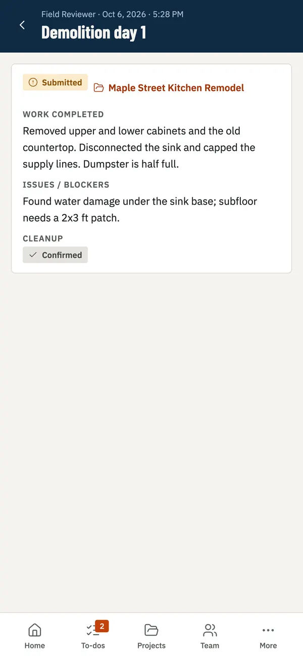 RelioHub field app daily report showing work completed, issues and blockers and cleanup