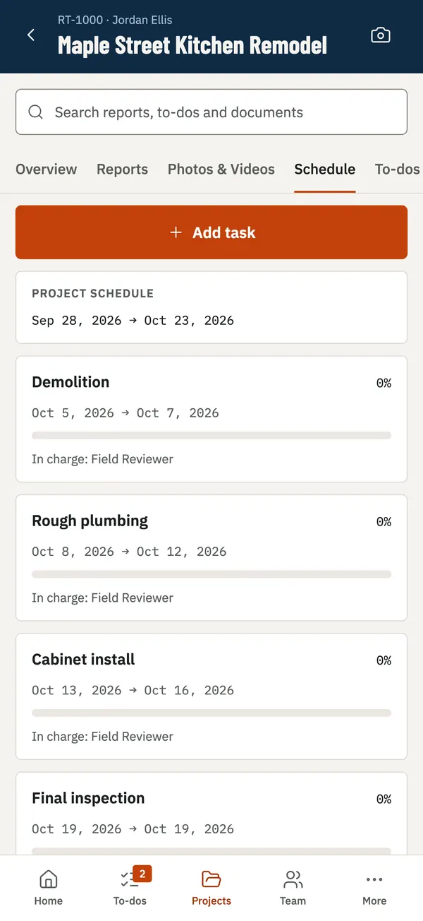 RelioHub field app project schedule listing tasks with dates and the person in charge